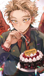 Rule 34 | 1boy, blonde hair, boku no hero academia, cake, chocolate, confetti, eating, english text, feathered wings, feathers, food, food on face, fork, formal, fruit, happy birthday, hawks (boku no hero academia), holding, holding fork, kadeart, lens flare, light blush, looking at viewer, male focus, red feathers, simple background, solo, strawberry, suit, twitter username, wings