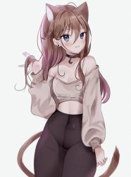 Rule 34 | 1girl, :3, animal ears, anyuu, bare shoulders, black choker, black pantyhose, blue eyes, blush, borrowed character, breasts, brown hair, brown sweater, cat ears, cat girl, cat tail, choker, cleavage, closed mouth, commentary, crescent, crop top, earrings, grey background, hair between eyes, hand up, highres, jewelry, long hair, long sleeves, looking at viewer, midriff, off-shoulder sweater, off shoulder, original, panties, panties under pantyhose, pantyhose, puffy long sleeves, puffy sleeves, simple background, sleeves past wrists, small breasts, solo, stud earrings, sweater, tail, thighs, underwear, very long hair