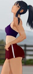 Rule 34 | 1girl, absurdres, bare shoulders, black hair, blurry, blurry background, blush, breasts, commentary, covered erect nipples, dark-skinned female, dark skin, day, english commentary, fingernails, hair ornament, hair over shoulder, hairclip, head tilt, highres, ijiranaide nagatoro-san, looking at viewer, looking to the side, midriff, nagatoro hayase, orange eyes, outdoors, ponytail, profile, railing, set0kazaki, shorts, sidelocks, small breasts, smile, solo, sports bra, sportswear, standing, sweat, tan, tanline, thighs
