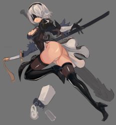 Rule 34 | 1girl, absurdres, ass, black dress, black gloves, black thighhighs, blindfold, boots, breasts, cleavage, cleavage cutout, clothing cutout, dress, full body, gloves, grey background, hair over one eye, hairband, high heel boots, high heels, highres, juliet sleeves, leotard, leotard under clothes, lips, long sleeves, medium breasts, nier (series), nier:automata, ootachi, outstretched arms, pod (nier:automata), puffy sleeves, qbspdl, short hair, side slit, silver hair, simple background, sketch, solo, standing, standing on one leg, sword, thigh boots, thighhighs, thighhighs under boots, weapon, 2b (nier:automata)