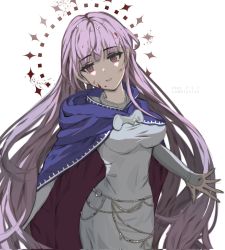 Rule 34 | absurdly long hair, belly chain, blood, blood on face, blue dress, breasts, cloak, commission, covered navel, cowboy shot, dress, fire emblem, fire emblem: the binding blade, highres, jewelry, long dress, long hair, long sleeves, mariirasuto7, medium breasts, nintendo, open mouth, purple eyes, purple hair, simple background, sophia (fire emblem), star (symbol), very long hair, white background