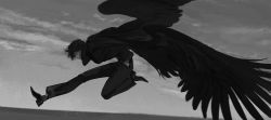 Rule 34 | 1boy, blurry, depth of field, closed eyes, feathered wings, from side, full body, greyscale, gudgid71, hand in pocket, highres, jumping, long sleeves, male focus, monochrome, original, outstretched leg, pants, profile, shoes, sky, solo, spread wings, turtleneck, wings
