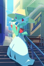 Rule 34 | 1girl, artist name, bag, blush, bob cut, building, clothed pokemon, colored skin, creatures (company), day, eating, female focus, food, full body, game freak, gardevoir, gen 3 pokemon, green hair, green skin, hair between eyes, handbag, hands up, hat, highres, holding, holding food, hot, light blush, looking at viewer, looking back, multicolored skin, nintendo, outdoors, pokemon, pokemon (creature), popsicle, red eyes, short hair, signature, solo, stairs, standing, sun hat, sweat, tsukkon, twitter username, two-tone skin, walking, white skin, yellow hat