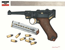 Rule 34 | 2016, absurdres, ammunition, artist name, bullet, cartridge, colored pencil (medium), commentary, cross, english commentary, german text, grey stripes, gun, handgun, highres, imperial german flag, iron cross, luger p08, magazine (weapon), no humans, original, pen (medium), photoshop (medium), screw, simple background, single stripe, still life, stopsigndrawer81, traditional media, translated, weapon, weapon focus, white background