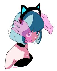 Rule 34 | 1girl, absurdres, animal ears, bare shoulders, black dress, black hairband, blue eyes, cat ears, closed mouth, commentary request, disembodied hand, dress, fake animal ears, hairband, highres, original, short hair, simple background, solo focus, strapless, strapless dress, tatamipi, upper body, white background