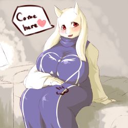 Rule 34 | 1girl, artist request, breasts, dress, english text, female focus, furry, furry female, goat, highres, huge breasts, indoors, mature female, red eyes, solo, thick thighs, thighs, toriel, undertale