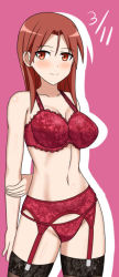 Rule 34 | 1girl, arm behind back, arm grab, black thighhighs, bra, breasts, brown hair, cleavage, contrapposto, hachimitsu-b, lace, lace-trimmed bra, lace-trimmed legwear, lace trim, large breasts, minna-dietlinde wilcke, panties, pink background, red bra, red eyes, red garter belt, red garter straps, red panties, solo, strike witches, thighhighs, underwear, underwear only, world witches series
