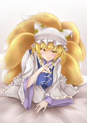 Rule 34 | 1girl, all fours, bed sheet, blonde hair, blush, breasts, closed mouth, dress, fingernails, fox girl, fox tail, frilled dress, frills, hair between eyes, hand up, hat, highres, large breasts, long fingernails, long sleeves, looking at viewer, mob cap, multiple tails, sarasadou dan, short hair, smile, solo, tabard, tail, touhou, white hat, wide sleeves, yakumo ran, yellow eyes