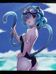 Rule 34 | 1girl, animal ears, ass, backless swimsuit, bare arms, black border, black one-piece swimsuit, blue hair, blue sky, border, breasts, casual one-piece swimsuit, cat ears, cat girl, cat tail, cowboy shot, day, from side, hair between eyes, highres, hunter x hunter, letterboxed, looking at viewer, medium breasts, medium hair, neferpitou, ocean, one-piece swimsuit, open mouth, outdoors, red eyes, shoulder blades, sidelocks, sky, solo, strapless, strapless one-piece swimsuit, sweatdrop, swimsuit, tail, wedgie, wristband, yagisawa teru