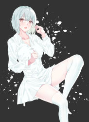 Rule 34 | 1girl, :o, albino, black background, breasts, collared dress, commentary, dress, fang, highres, invisible chair, knee up, long sleeves, looking at viewer, medium breasts, nekoma0116, open mouth, original, petals, red eyes, short hair, silver hair, simple background, sitting, skin fang, solo, thighhighs, white dress, white thighhighs