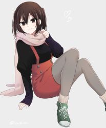 Rule 34 | 1girl, black sweater, brown eyes, brown hair, closed mouth, commentary request, green footwear, grey background, grey scarf, grey socks, hair between eyes, heart, high-waist skirt, ica, kantai collection, pantyhose, red skirt, ribbed sweater, scarf, sendai (kancolle), shoes, simple background, sitting, skirt, sleeves past wrists, smile, socks, solo, suspender skirt, suspenders, sweater, twitter username, two side up