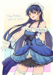 Rule 34 | 1girl, bad id, bad pixiv id, bare shoulders, birthday, blue dress, blue hair, bow, character name, choker, collarbone, commentary request, dated, dress, earrings, english text, gloves, hair between eyes, hair bow, hair ornament, happy birthday, jewelry, kira-kira sensation!, long hair, looking at viewer, love live!, love live! school idol project, mechiko (mmttkknn), simple background, smile, solo, sonoda umi, standing, thighhighs, white gloves, white thighhighs, yellow eyes