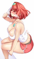 1girl anisdrawn ass black_panties breasts butt_crack cleavage dolphin_shorts highres large_breasts panties panty_peek pyra_(xenoblade) red_hair short_hair shorts simple_background sitting solo steam tiara underwear whale_tail_(clothing) white_background xenoblade_chronicles_(series) xenoblade_chronicles_2