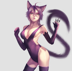 Rule 34 | 1girl, ahoge, alternate color, animal ears, between fingers, breasts, cat ears, cat tail, cleavage, collarbone, covered erect nipples, covered navel, cowboy shot, creatures (company), ecat, fangs, game freak, gen 5 pokemon, gloves, green eyes, grey background, hair between eyes, hair ornament, hairclip, holding, large breasts, leotard, looking away, nintendo, parted lips, personification, pokemon, purple gloves, purple hair, purple thighhighs, purrloin, shade, shiny skin, simple background, solo, tail, thighhighs, weapon