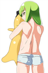 Rule 34 | 00s, 1boy, ass, back, butt crack, c.c., cheese-kun, child, code geass, gender request, genderswap, gluteal fold, green hair, hug, long hair, looking back, male focus, pizza hut, saga inu, short shorts, shorts, simple background, solo, topless male, trap, white background, yellow eyes