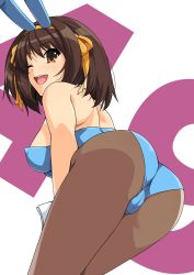 Rule 34 | 1girl, animal ears, ass, bare shoulders, blue leotard, blush, breasts, brown eyes, brown hair, brown pantyhose, commentary request, fake animal ears, from behind, hairband, haruhisky, highres, leotard, looking at viewer, looking back, medium breasts, one eye closed, open mouth, pantyhose, playboy bunny, rabbit ears, rabbit tail, shiny skin, short hair, solo, strapless, strapless leotard, suzumiya haruhi, suzumiya haruhi no yuuutsu, tail, wrist cuffs