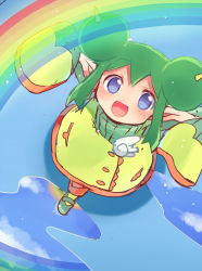 Rule 34 | 1girl, blue eyes, blue sky, double bun, dress, from above, green dress, green hair, green sleeves, hair between eyes, hair bun, horns, lidelle (puyopuyo), looking at viewer, looking up, open mouth, pointy ears, pond, puyopuyo, sky, sleeves past wrists, smile, xox xxxxxx