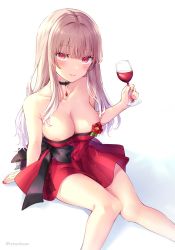 Rule 34 | 1girl, areola slip, bare legs, black bow, black choker, blush, bow, breasts, choker, cleavage, closed mouth, commentary, cup, dress, drinking glass, eyelashes, flower, highres, holding, holding cup, jewelry, knees together feet apart, large bow, light brown hair, long hair, looking at viewer, medium breasts, nail polish, off-shoulder dress, off shoulder, original, pendant, red dress, red eyes, red nails, rose, short dress, simple background, sitting, sleeveless, sleeveless dress, smile, solo, straight hair, strapless, strapless dress, symbol-only commentary, tetsu tissue, thighs, white background, wine glass
