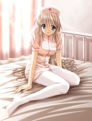 Rule 34 | 1girl, arms at sides, bed, duplicate, full body, indoors, long hair, nurse, original, pantyhose, posted three times, shiragi, sitting, smile, solo, very long hair, white pantyhose