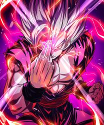 Rule 34 | 1boy, biceps, black wristband, clenched hand, closed mouth, collarbone, commentary request, dougi, dragon ball, dragon ball super, dragon ball super super hero, electricity, energy, frown, glaring, gohan beast, gradient background, grey hair, hand on own forehead, hand up, highres, looking at viewer, male focus, muscular, muscular male, pectorals, purple background, red eyes, red sash, sash, sekitsuki hayato, serious, solo, son gohan, spiked hair, standing, v-shaped eyebrows, wristband