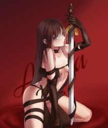 Rule 34 | 1girl, absurdres, asuka rrh, black choker, black gloves, breasts, brown eyes, brown hair, choker, closed mouth, collarbone, elbow gloves, fate/grand order, fate (series), gloves, hair between eyes, highres, holding, holding sword, holding weapon, kneeling, long hair, medium breasts, red background, revealing clothes, solo, straight hair, sword, very long hair, weapon, yu mei-ren (fate)