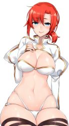 Rule 34 | 1girl, blue eyes, blush, boudica (fate), breasts, cleavage, curvy, fate/grand order, fate (series), highres, kanosigu, looking at viewer, midriff, navel, ponytail, red hair, short hair, shrug (clothing), simple background, sitting, skindentation, smile, solo, thick thighs, thighs, thong, white background, wide hips