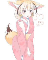 Rule 34 | 10s, 1girl, alternate costume, animal ears, aotan (aorin114), bad id, bad twitter id, blonde hair, commentary request, cowboy shot, fang, fennec (kemono friends), fox ears, fox tail, heart, heart-shaped pupils, highres, japanese clothes, kemono friends, kimono, open mouth, short hair, solo, symbol-shaped pupils, tail