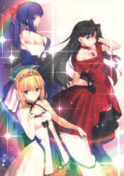 Rule 34 | 3girls, absurdres, ahoge, aqua bow, aqua eyes, artoria pendragon (all), artoria pendragon (fate), bare shoulders, black bow, black garter belt, black hair, blonde hair, blue eyes, bow, braid, collar, crown, dress, dress grab, elbow gloves, fate/stay night, fate (series), french braid, garter belt, gloves, gradient background, hair bow, hand on own chest, hand on own hip, high-low skirt, highres, jewelry, long hair, looking at viewer, looking to the side, matou sakura, multiple girls, necklace, parted bangs, ponytail, purple bow, purple collar, purple dress, purple eyes, purple hair, red bow, red collar, red dress, saber (fate), sidelocks, smile, sparkle, strapless, strapless dress, takeuchi takashi, third-party source, tohsaka rin, two-tone dress, veil, white dress, white gloves, white veil