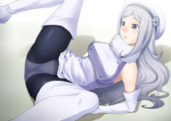 Rule 34 | 10s, 1girl, aila jyrkiainen, blush, boots, breasts, dress, elbow gloves, gloves, gundam, gundam build fighters, hat, highres, hornet (artist), large breasts, legs, legs up, long hair, looking down, lying, panties, pantyhose, purple eyes, simple background, spread legs, thigh boots, thighhighs, thighs, underwear, white hair