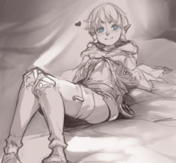 Rule 34 | 1girl, bad id, bad tumblr id, blue eyes, boots, braid, breasts, heart, hood, hood down, hyrule warriors, linkle, long hair, looking at viewer, lying, nintendo, norasuko, on bed, pointy ears, reclining, sketch, small breasts, smile, solo, spot color, the legend of zelda, thigh boots, thighhighs, triforce, twin braids