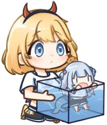 Rule 34 | blonde hair, blue eyes, blush, chibi, chibi only, commentary, demon horns, english commentary, fish tank, gawr gura, halloween, hololive, hololive english, hololive summer 2023 swimsuit, horn hairband, horns, long hair, medium hair, moon ldl, multicolored hair, simple background, sweatdrop, thick outlines, transparent background, virtual youtuber, watson amelia, | |