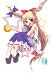 Rule 34 | 1girl, :d, belt, blonde hair, blush, bow, brown eyes, chain, female focus, full body, gourd, hair bow, horns, ibuki suika, large bow, long hair, looking at viewer, low-tied long hair, open mouth, ponytail, shoes, simple background, sitting, skirt, smile, socks, solo, star (symbol), starry background, studded belt, touhou, very long hair