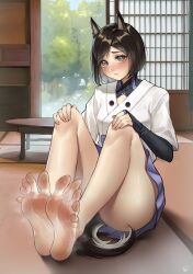 Rule 34 | 1girl, absurdres, animal ears, architecture, bare legs, barefoot, black gloves, black socks, blue skirt, blush, breasts, brown hair, closed mouth, commentary, commission, convenient leg, dog ears, dog girl, dog tail, east asian architecture, elbow gloves, embarrassed, english commentary, eyelashes, feet, fingerless gloves, foot focus, full body, gloves, greek toe, grey eyes, hakama, hakama short skirt, hakama skirt, hands on own knees, highres, indoors, japanese clothes, knees up, kuroda kunika, legs, looking at viewer, medium hair, nikishiko, noble witches, parted bangs, pixiv commission, pleated skirt, shadow, short sleeves, sidelocks, sitting, skirt, small breasts, smell, socks, soles, solo, spread toes, steam, steaming body, strike witches, sweatdrop, table, tail, thighs, toenails, toes, tree, world witches series, yellow eyes
