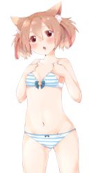 Rule 34 | 10s, 1girl, :o, animal ears, bad id, bad pixiv id, bikini, blush, brown eyes, hair ribbon, highres, kemonomimi mode, navel, red eyes, ribbon, rima (rimarip), short hair, silica, simple background, solo, stomach, striped bikini, striped clothes, swimsuit, sword art online, twintails, white background