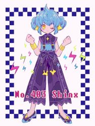 Rule 34 | 1girl, aqua hair, black pants, blush, bracelet, character name, clenched hands, creatures (company), full body, game freak, gen 4 pokemon, hand up, jewelry, lightning bolt symbol, looking at viewer, narumame, nintendo, one eye closed, pants, personification, pokedex number, pokemon, shinx, shirt, shoes, sleeveless, sleeveless shirt, smile, solo, standing, yellow eyes