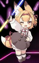 Rule 34 | 1girl, ;d, animal ear fluff, animal ears, beat saber, black background, blush, brown dress, brown eyes, brown footwear, brown hair, chibi, child, collared shirt, dress, energy sword, fang, fox ears, fox girl, fox tail, glowing, gudon (iukhzl), holding, holding weapon, kneehighs, koume (beat saber), koume (vrchat), lightsaber, long sleeves, looking at viewer, neck ribbon, one eye closed, open mouth, outstretched arm, puffy long sleeves, puffy sleeves, red ribbon, ribbon, shirt, shoes, skin fang, sleeveless, sleeveless dress, smile, socks, solo, standing, star (symbol), star in eye, sword, symbol in eye, tail, vrchat, weapon, white shirt, white socks