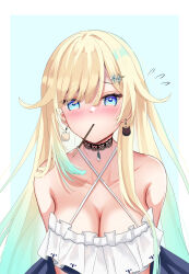 Rule 34 | 1girl, absurdres, aizawa ema, bare shoulders, blonde hair, blue dress, blue eyes, blue hair, blush, breasts, cat earrings, choker, cleavage, collarbone, criss-cross halter, dress, flying sweatdrops, food, food in mouth, frilled dress, frills, gradient hair, hair between eyes, hair flaps, hair ornament, hairclip, halter dress, halterneck, highres, incoming pocky kiss, lace-trimmed choker, lace trim, large breasts, leaning forward, light blue hair, long hair, looking at viewer, mouth hold, multicolored hair, nose blush, oniku (o29sukizero), pocky, pocky in mouth, pocky kiss, shared food, simple background, solo, very long hair, virtual youtuber, vspo!, white background