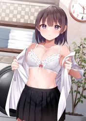 Rule 34 | 1girl, absurdres, akagikou, black skirt, bow, bow bra, bra, brown hair, clock, collarbone, collared shirt, commentary request, dress shirt, highres, long sleeves, looking at viewer, navel, open clothes, open shirt, original, plant, pleated skirt, potted plant, purple eyes, school uniform, shirt, skirt, solo, sweat, towel, underwear, wall clock, washing machine, white bra, white shirt