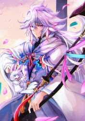 Rule 34 | 1boy, bishounen, cloak, closed mouth, fate/stay night, fate (series), fou (fate), hair between eyes, holding, long hair, looking at viewer, luse maonang, male focus, merlin (fate/stay night), petals, purple eyes, smile, solo, white hair