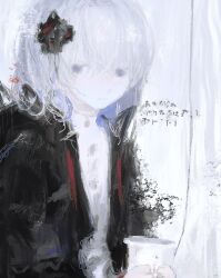Rule 34 | 1girl, black flower, black jacket, blue eyes, blue hair, brush stroke, buttons, cevio, colored inner hair, cup, dissolving, expressionless, faux traditional media, flower, hair flower, hair ornament, heim, highres, holding, holding cup, hood, hood down, hooded jacket, jacket, kamitsubaki studio, long sleeves, looking at viewer, looking to the side, medium hair, multicolored clothes, multicolored eyes, multicolored hair, multicolored jacket, open clothes, open jacket, painting (medium), pale skin, red jacket, red pupils, rime (cevio), shirt, solo, traditional media, white background, white hair, white shirt