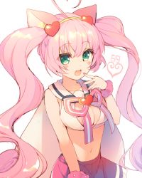 Rule 34 | 10s, 1girl, :d, ahoge, animal ears, blush, breasts, cat ears, cleavage, green eyes, hairband, heart, heart ahoge, long hair, looking at viewer, mayachi (amuriya), midriff, navel, open mouth, pink hair, rosia (show by rock!!), show by rock!!, smile, solo, twintails