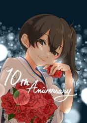 Rule 34 | 1girl, absurdres, anniversary, black eyes, brown eyes, commentary request, flower, highres, japanese clothes, jewelry, kaga (kancolle), kantai collection, lens flare, long hair, mocchi (mocchichani), red flower, red rose, ring, rose, side ponytail, smile, solo, upper body, wedding ring