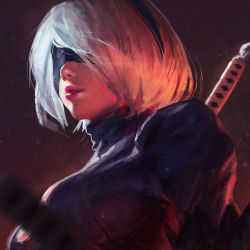 Rule 34 | 1girl, black dress, black hairband, blindfold, breasts, cleavage cutout, clothing cutout, dress, guweiz, hairband, large breasts, nier (series), nier:automata, parted lips, puffy sleeves, short hair, silver hair, solo, sword, turtleneck, weapon, 2b (nier:automata)