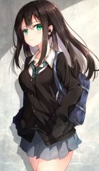 Rule 34 | 10s, 1girl, brown hair, brown jacket, buttons, cable, cardigan, character name, closed mouth, collarbone, collared shirt, cowboy shot, earphones, earrings, expressionless, green eyes, green necktie, grey skirt, hair between eyes, hands in pockets, idolmaster, idolmaster cinderella girls, jacket, jewelry, long hair, long sleeves, looking at viewer, necktie, pleated skirt, rin yuu, shibuya rin, shirt, skirt, solo, striped necktie, striped neckwear, stud earrings, sunlight, thighs, walking, white shirt, wing collar