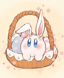Rule 34 | animal ears, basket, blue eyes, blush, blush stickers, closed mouth, commentary, ear down, easter, easter egg, egg, english commentary, fake animal ears, flower, guarani (muku 6930), hairband, highres, in basket, kirby, kirby (series), looking at viewer, nintendo, no humans, rabbit ears, simple background, solo, star (symbol), white flower, yellow background