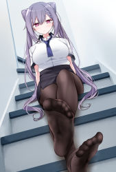 Rule 34 | 1girl, arms behind back, black pantyhose, black skirt, blush, breasts, closed mouth, collared shirt, commentary request, cone hair bun, crossed ankles, dutch angle, feet, genshin impact, hair bun, highres, indoors, keqing (genshin impact), large breasts, looking at viewer, miniskirt, necktie, no shoes, oouso, pantyhose, pink eyes, purple necktie, shirt, short sleeves, side slit, skirt, soles, solo, stairs, toes, twintails, white shirt