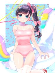 Rule 34 | 1girl, black hair, blue background, blue eyes, bow, bowtie, breasts, chromatic aberration, cleavage, fingernails, hair bow, halterneck, head tilt, innertube, jamu, knees together feet apart, long fingernails, multi-tied hair, narrow waist, one-piece swimsuit, original, outside border, pink one-piece swimsuit, red footwear, side ponytail, solo, sparkle, standing, standing on one leg, swim ring, swimsuit, thighhighs, white thighhighs