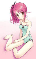 Rule 34 | 1girl, bad id, bad pixiv id, barefoot, breasts, brown eyes, casual one-piece swimsuit, cheria barnes, cleavage, collarbone, highres, long hair, official alternate costume, ohirune, one-piece swimsuit, pink hair, side ponytail, sitting, small breasts, solo, swimsuit, tales of (series), tales of graces, yokozuwari