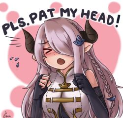 Rule 34 | &gt; o, 1girl, artist name, bare shoulders, black gloves, blush, braid, clenched hands, commentary, draph, english text, fingerless gloves, flying sweatdrops, gloves, granblue fantasy, hair ornament, hair over one eye, head tilt, horns, light purple hair, long hair, narmaya (granblue fantasy), nose blush, one eye closed, open mouth, orakuru, pointy ears, signature, solo, ^^^