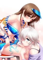 Rule 34 | 10s, 2girls, anastasia (idolmaster), blue eyes, blush, body writing, breasts, brown eyes, brown hair, cleavage, commentary request, idolmaster, idolmaster cinderella girls, idolmaster cinderella girls starlight stage, jewelry, looking at viewer, love laika, multiple girls, navel, necklace, nitta minami, off shoulder, short hair, silver hair, sitting, smile, strapless, sweat, tube top, visor cap, wristband, zen